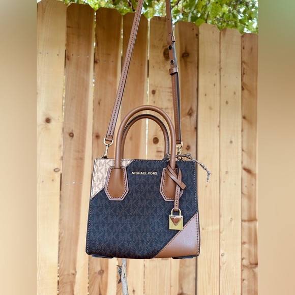 Michael Kors Mercer Two-Tone Logo and Leather Accordion Crossbody Bag - Picture 1 of 8